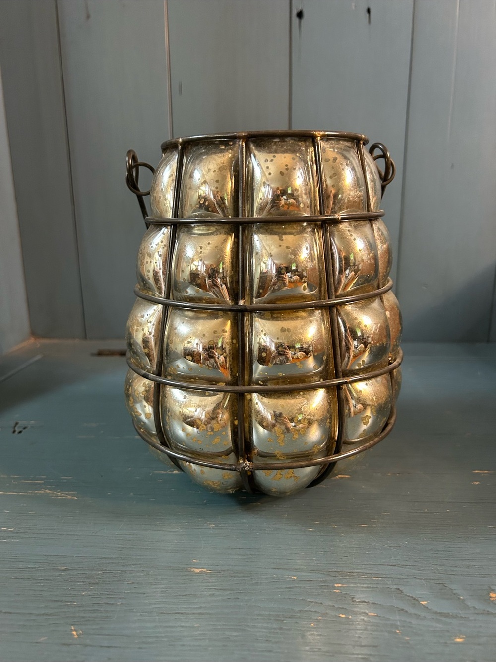 Vintage-Style Gold Mercury Glass Lantern with Wire Cage | 8” Tall